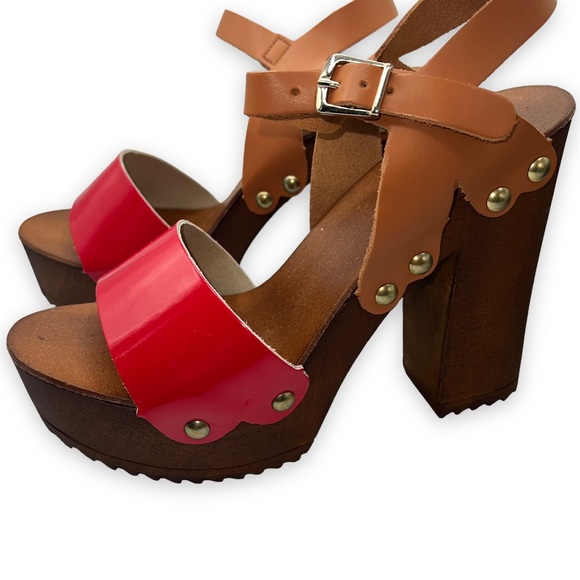 NEW Primadonna Collection Red/Brown Leather Wooden Clog Platforms Women Size 40 - Picture 9 of 9